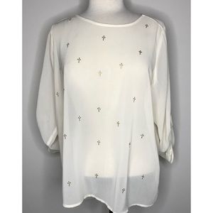 NWT SHEER GOLD STUDDED CROSS LONG SLEEVE BLOUSE